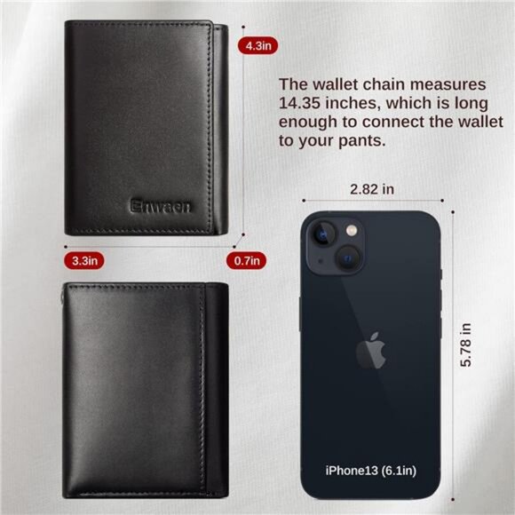 Mens Wallet with Chain, Genuine Leather Trifold Wallet RFID Blocking Anti-Theft - Picture 6 of 7